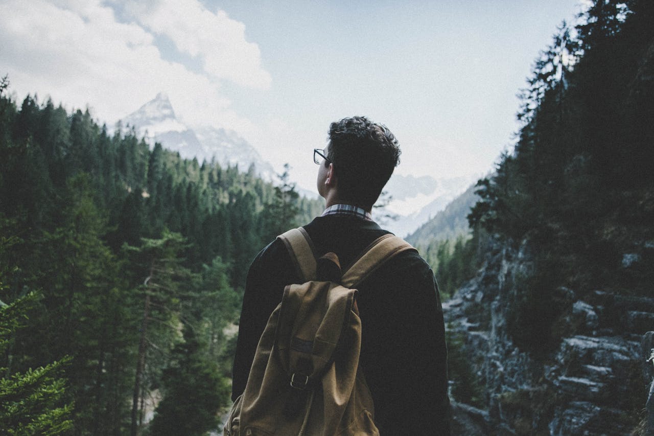 about-07 Back view of a man with a backpack hiking through a lush alpine forest in Tirol, Austria.